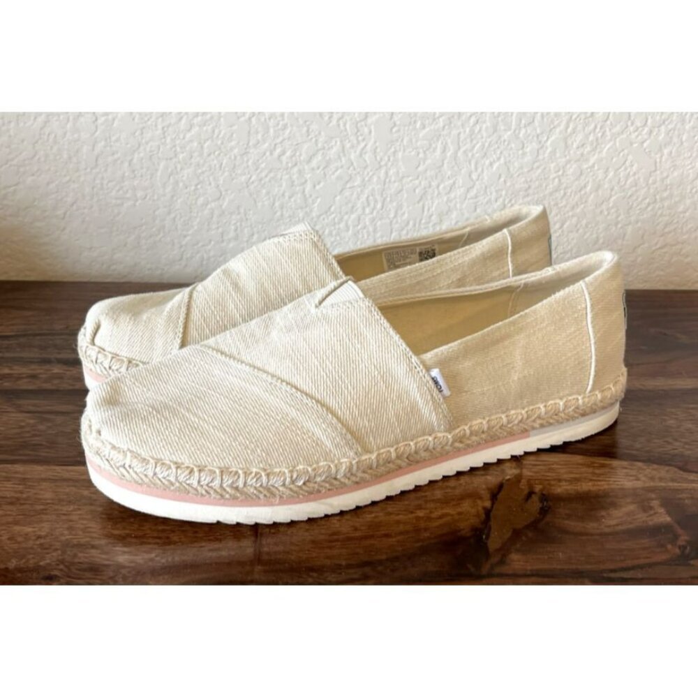 Toms Shoes Womens 9.5 Alpargata Slip On Beige Linen Platform Espadrille Rope Tan